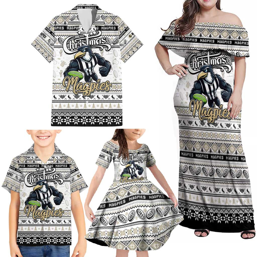 Personalized Magpies Rugby Xmas Family Matching Off Shoulder Maxi Dress and Hawaiian Shirt Australia AFL Mascot