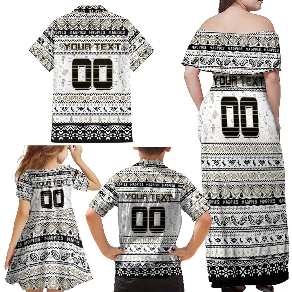 Personalized Magpies Rugby Xmas Family Matching Off Shoulder Maxi Dress and Hawaiian Shirt Australia AFL Mascot