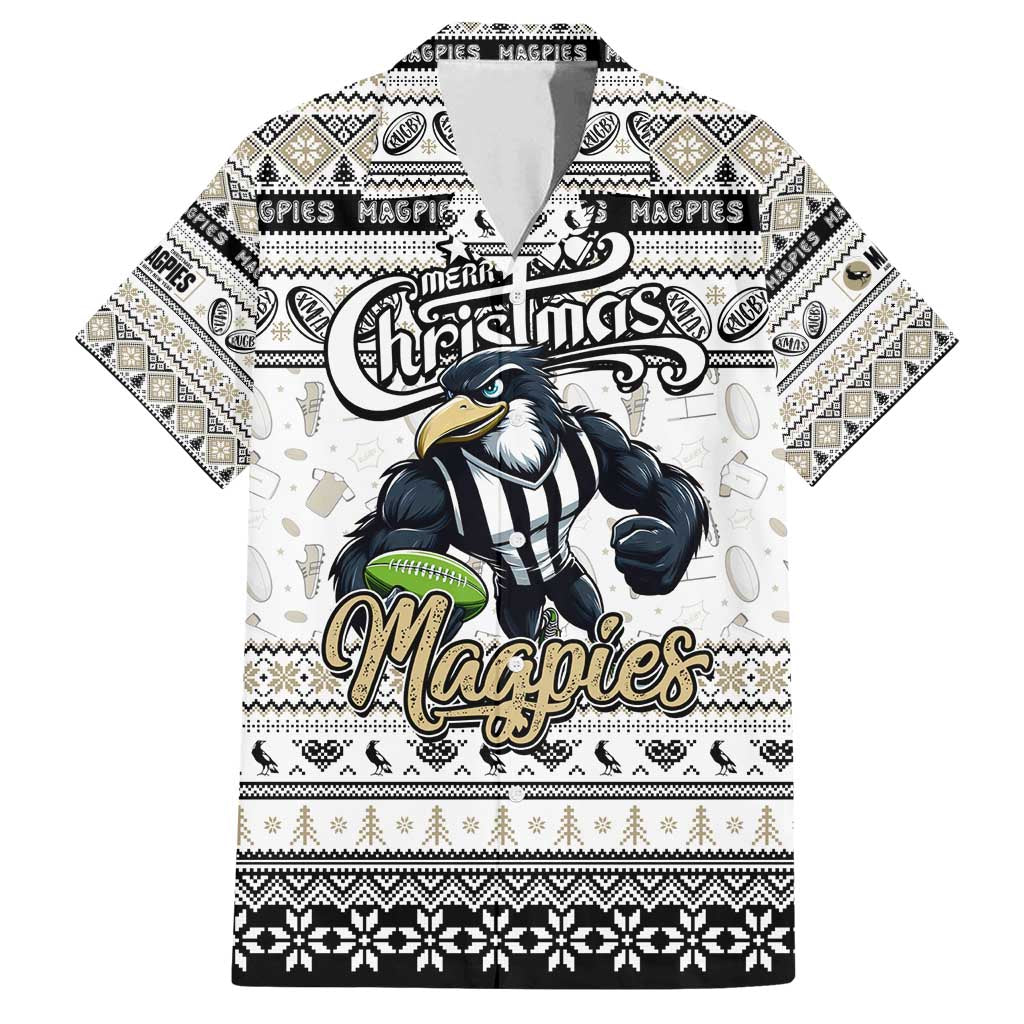 Personalized Magpies Rugby Xmas Family Matching Off Shoulder Maxi Dress and Hawaiian Shirt Australia AFL Mascot