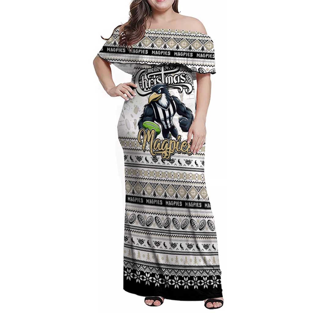 Personalized Magpies Rugby Xmas Family Matching Off Shoulder Maxi Dress and Hawaiian Shirt Australia AFL Mascot