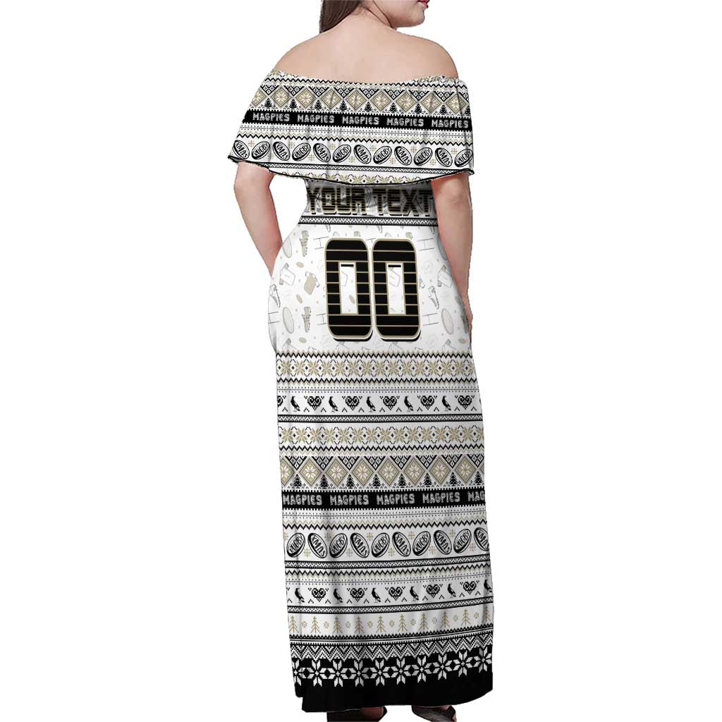 Personalized Magpies Rugby Xmas Family Matching Off Shoulder Maxi Dress and Hawaiian Shirt Australia AFL Mascot