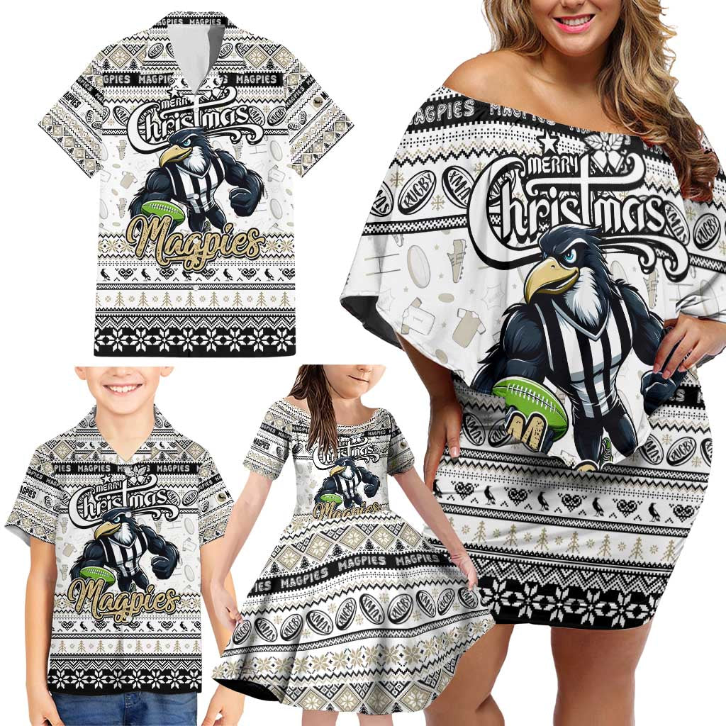 Personalized Magpies Rugby Xmas Family Matching Off Shoulder Short Dress and Hawaiian Shirt Australia AFL Mascot