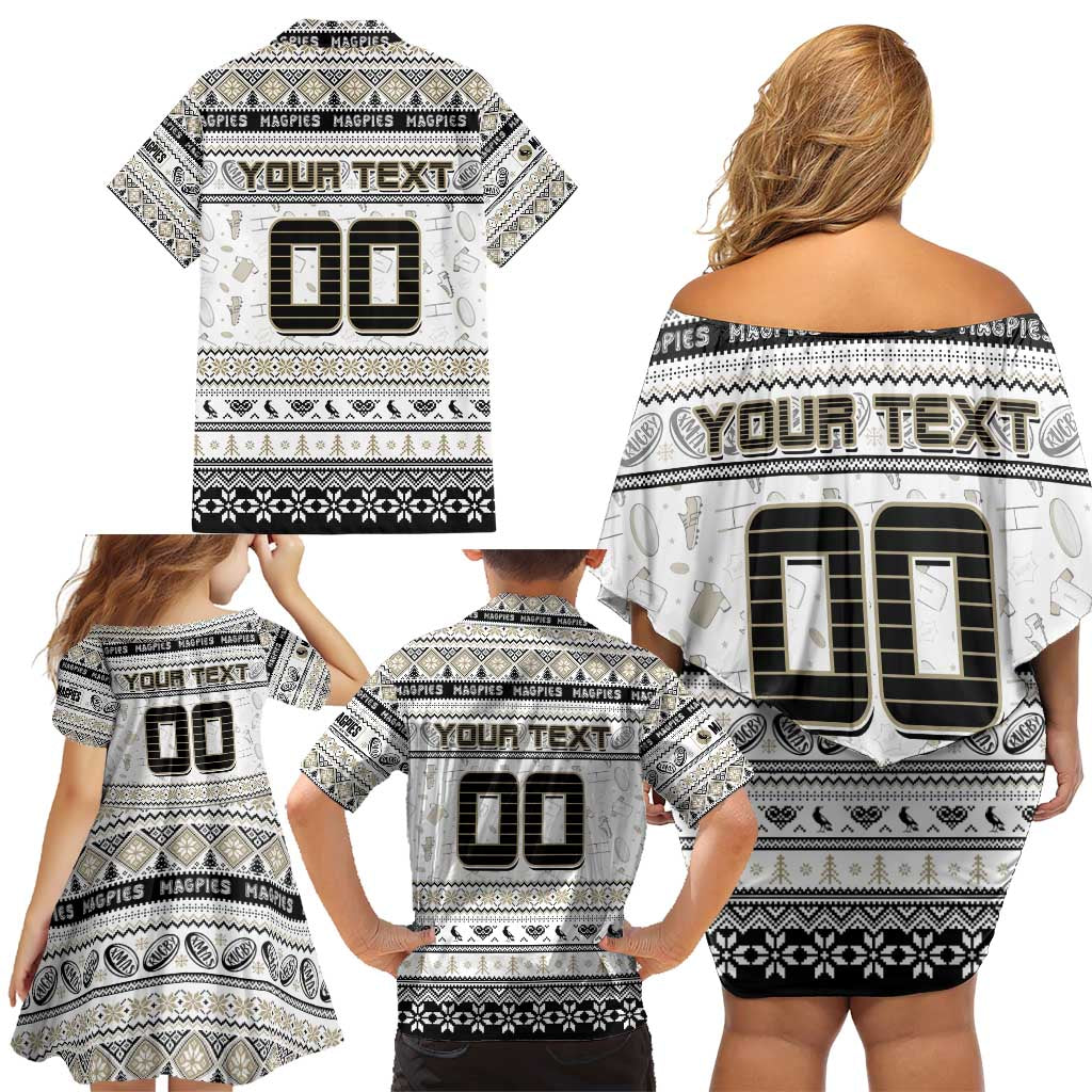Personalized Magpies Rugby Xmas Family Matching Off Shoulder Short Dress and Hawaiian Shirt Australia AFL Mascot
