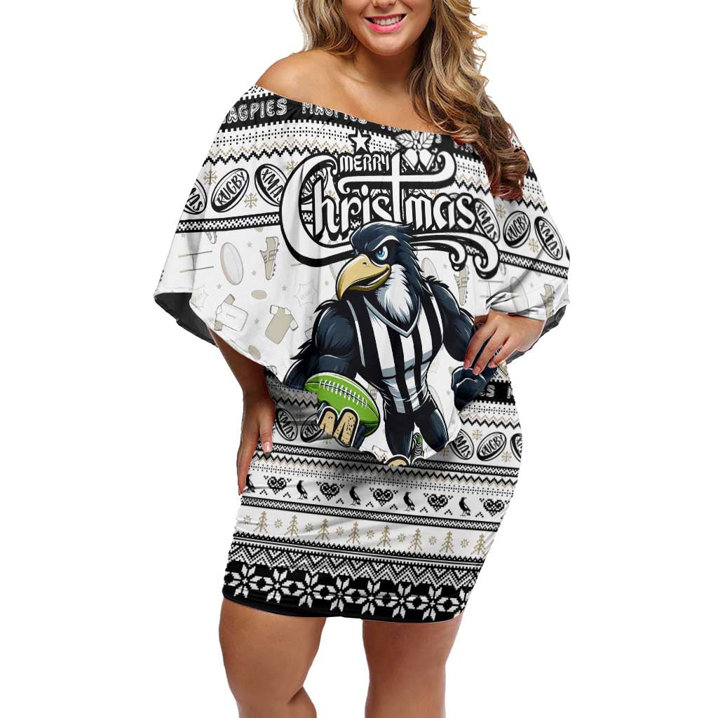 Personalized Magpies Rugby Xmas Family Matching Off Shoulder Short Dress and Hawaiian Shirt Australia AFL Mascot