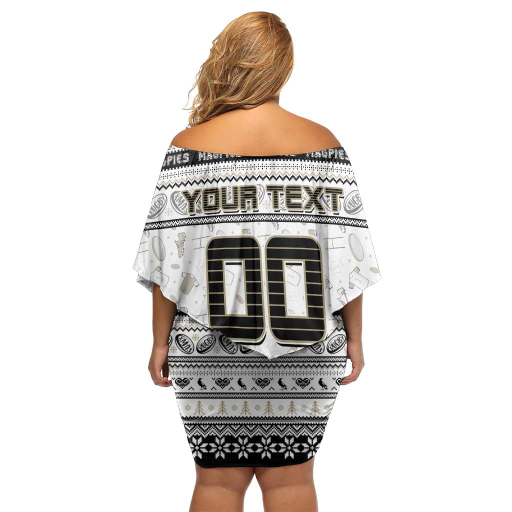Personalized Magpies Rugby Xmas Family Matching Off Shoulder Short Dress and Hawaiian Shirt Australia AFL Mascot