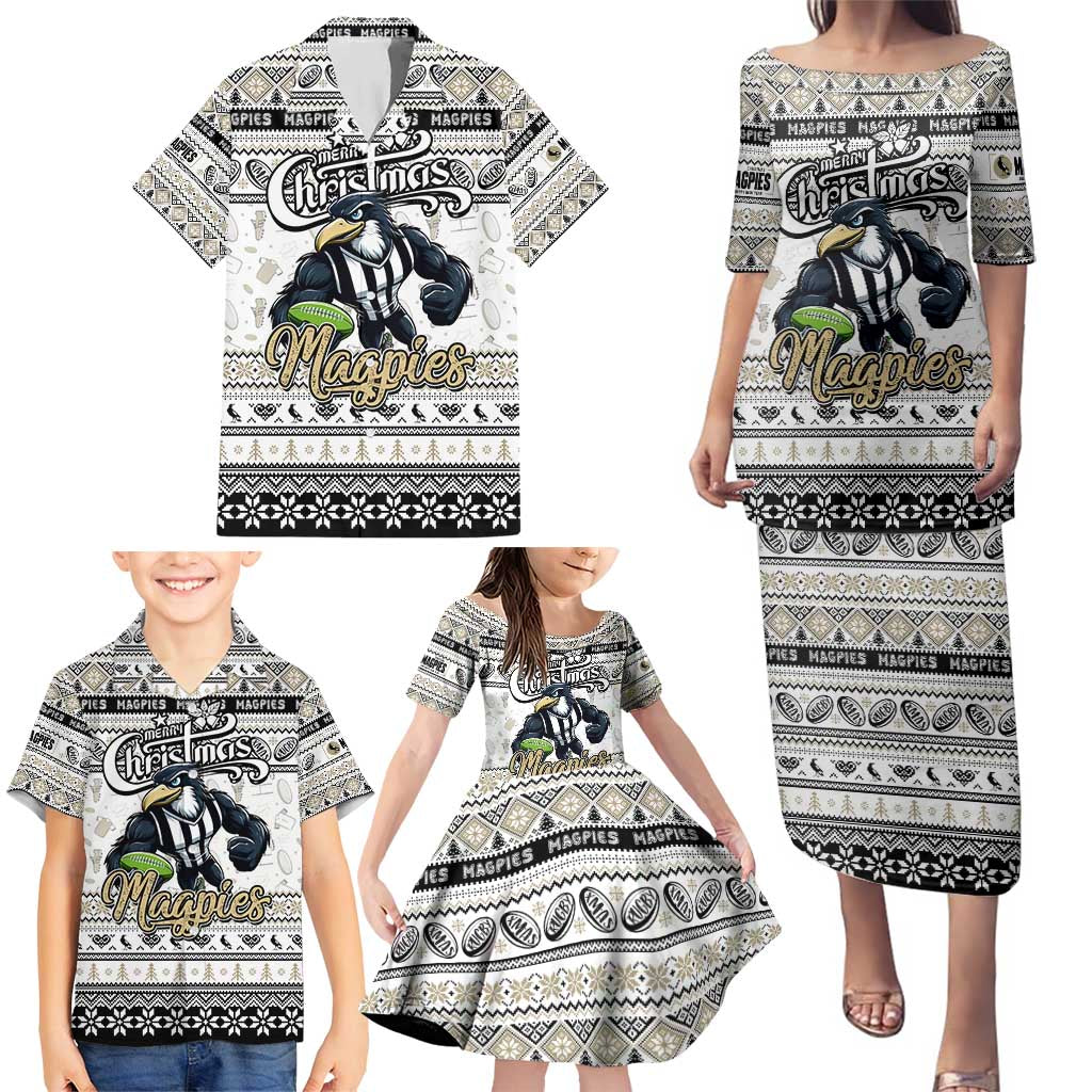Personalized Magpies Rugby Xmas Family Matching Puletasi and Hawaiian Shirt Australia AFL Mascot