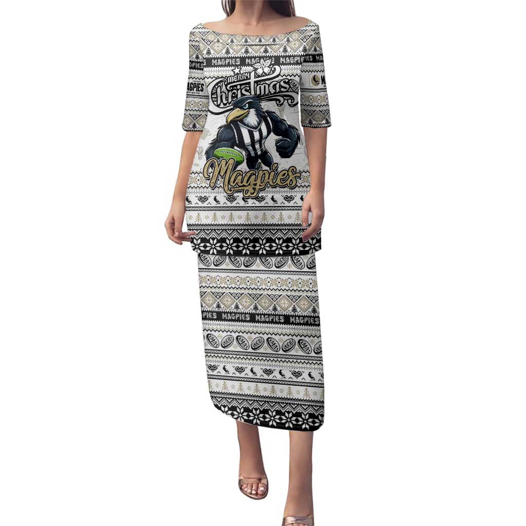 Personalized Magpies Rugby Xmas Family Matching Puletasi and Hawaiian Shirt Australia AFL Mascot