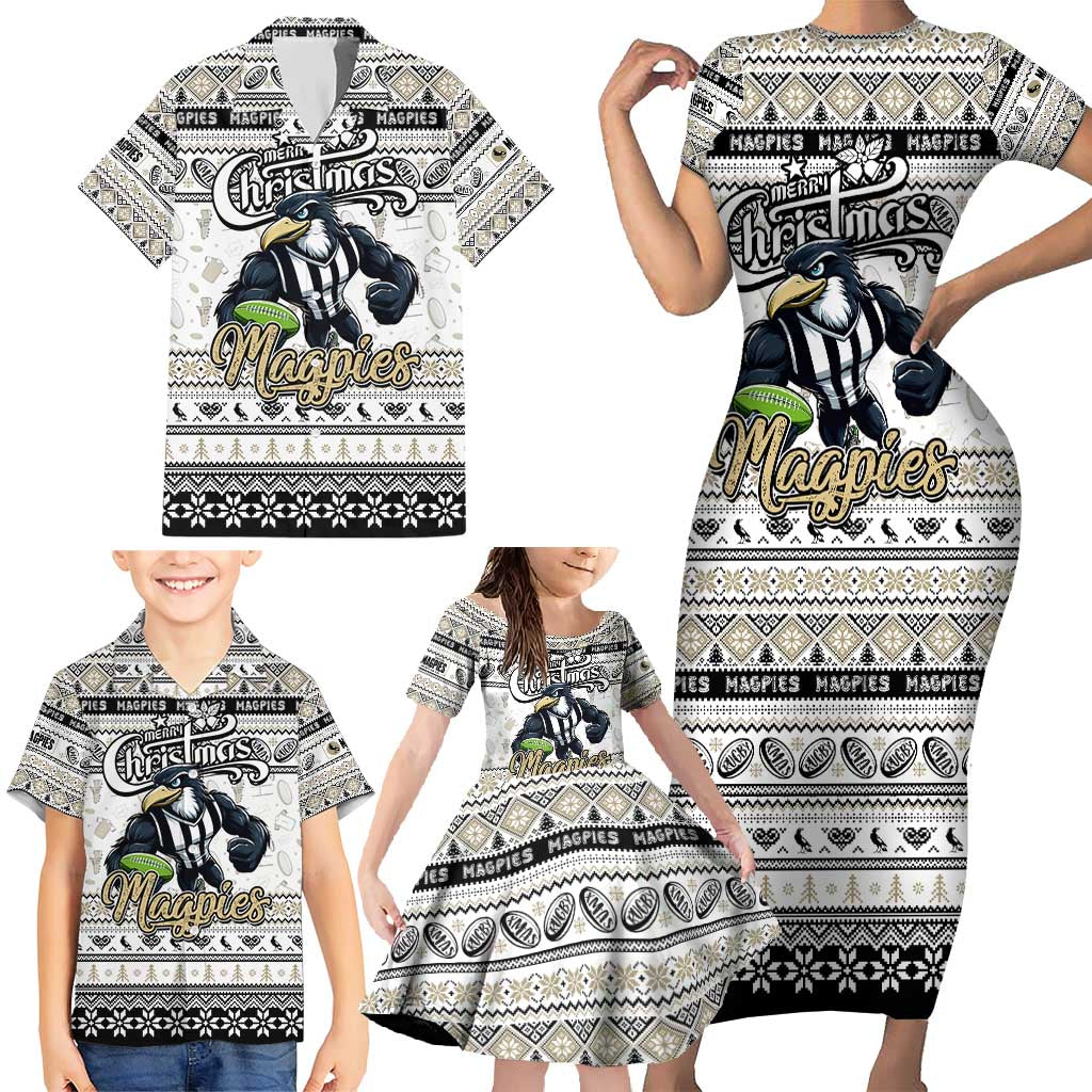 Personalized Magpies Rugby Xmas Family Matching Short Sleeve Bodycon Dress and Hawaiian Shirt Australia AFL Mascot