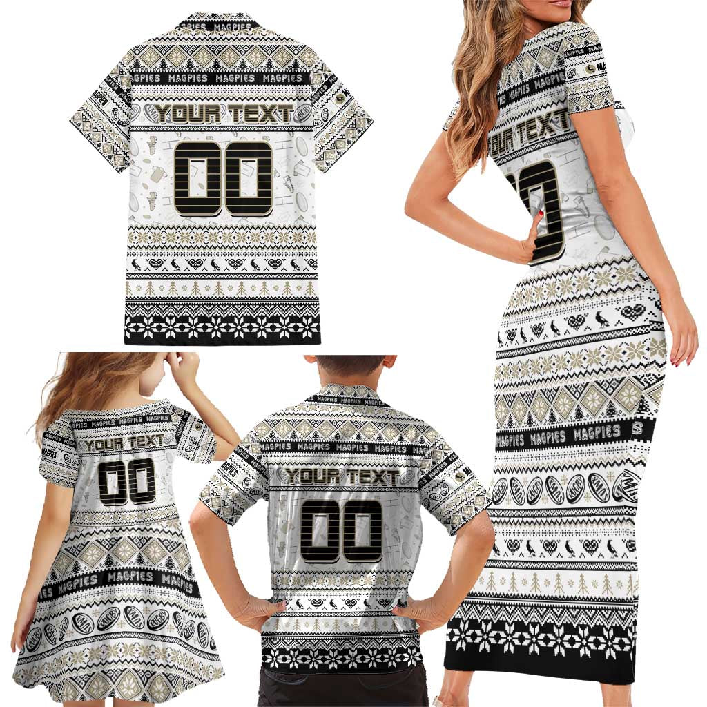 Personalized Magpies Rugby Xmas Family Matching Short Sleeve Bodycon Dress and Hawaiian Shirt Australia AFL Mascot