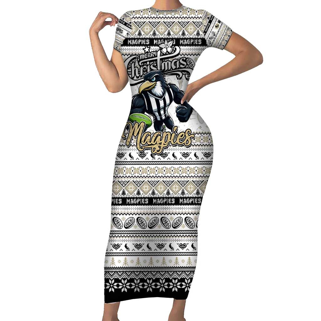 Personalized Magpies Rugby Xmas Family Matching Short Sleeve Bodycon Dress and Hawaiian Shirt Australia AFL Mascot