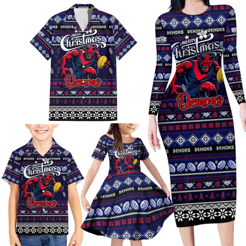 Personalized Demons Rugby Xmas Family Matching Long Sleeve Bodycon Dress and Hawaiian Shirt Australia AFL Mascot