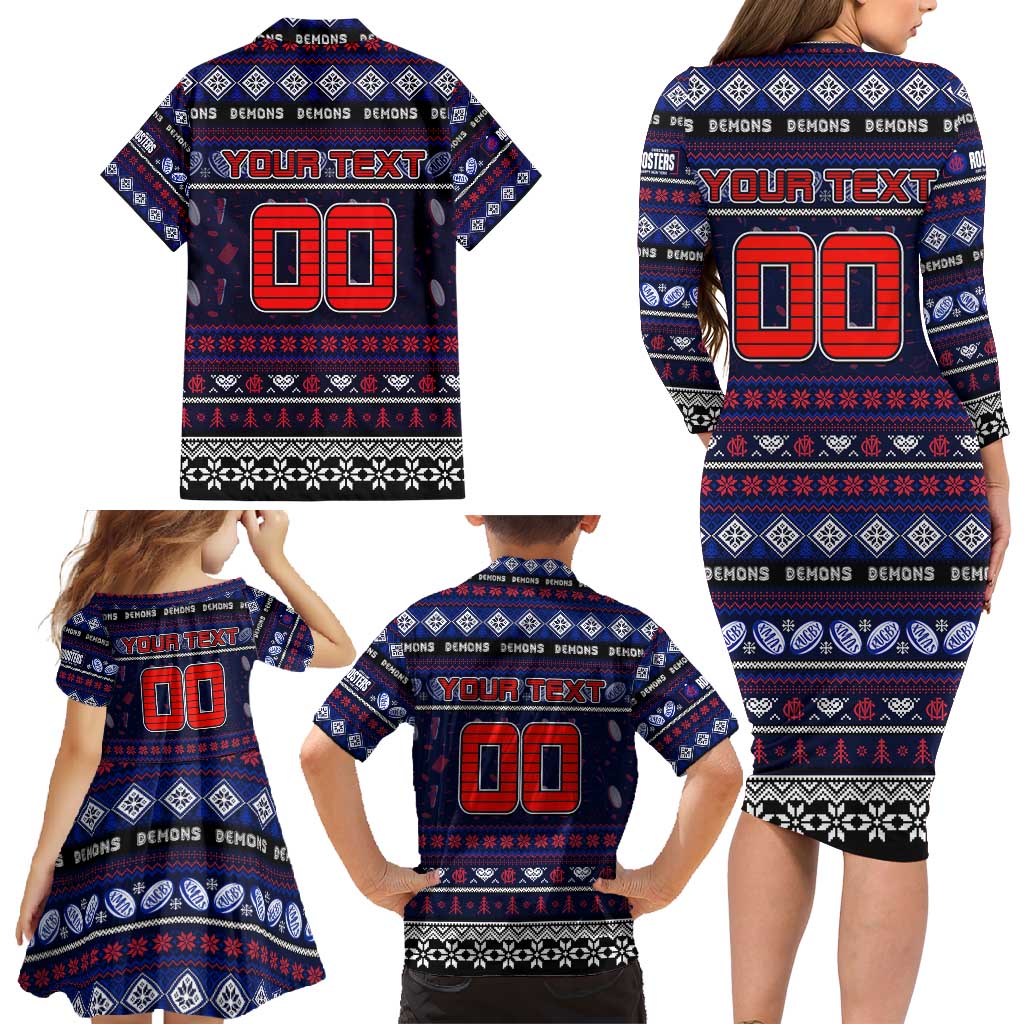 Personalized Demons Rugby Xmas Family Matching Long Sleeve Bodycon Dress and Hawaiian Shirt Australia AFL Mascot