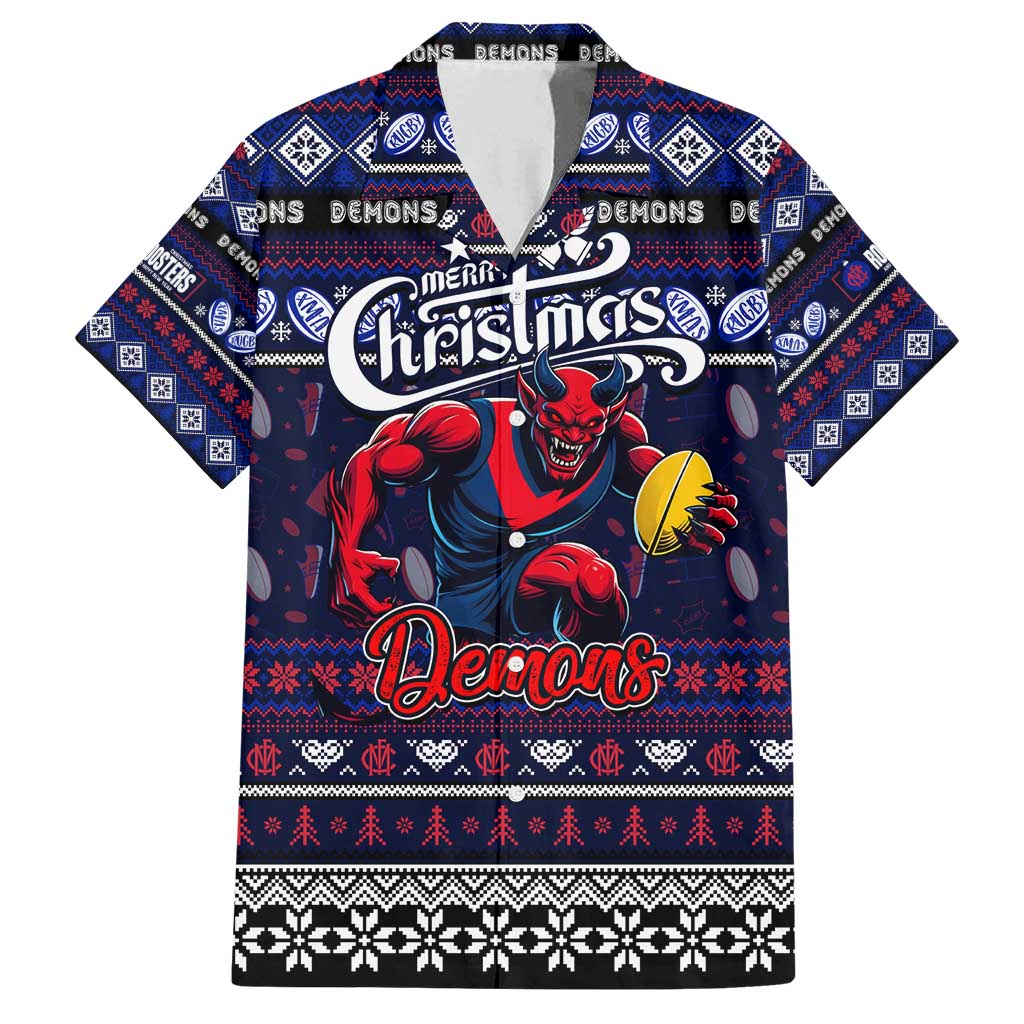 Personalized Demons Rugby Xmas Family Matching Long Sleeve Bodycon Dress and Hawaiian Shirt Australia AFL Mascot