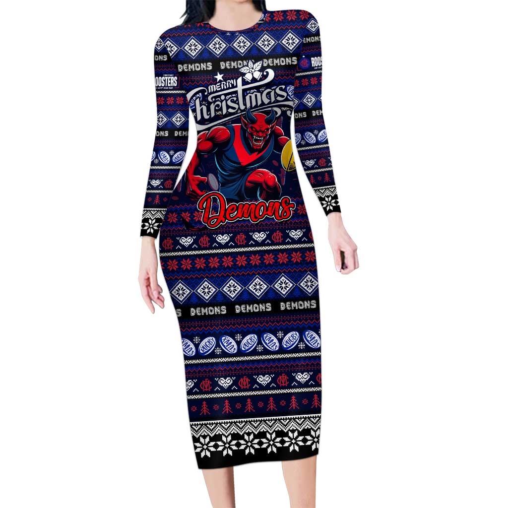 Personalized Demons Rugby Xmas Family Matching Long Sleeve Bodycon Dress and Hawaiian Shirt Australia AFL Mascot