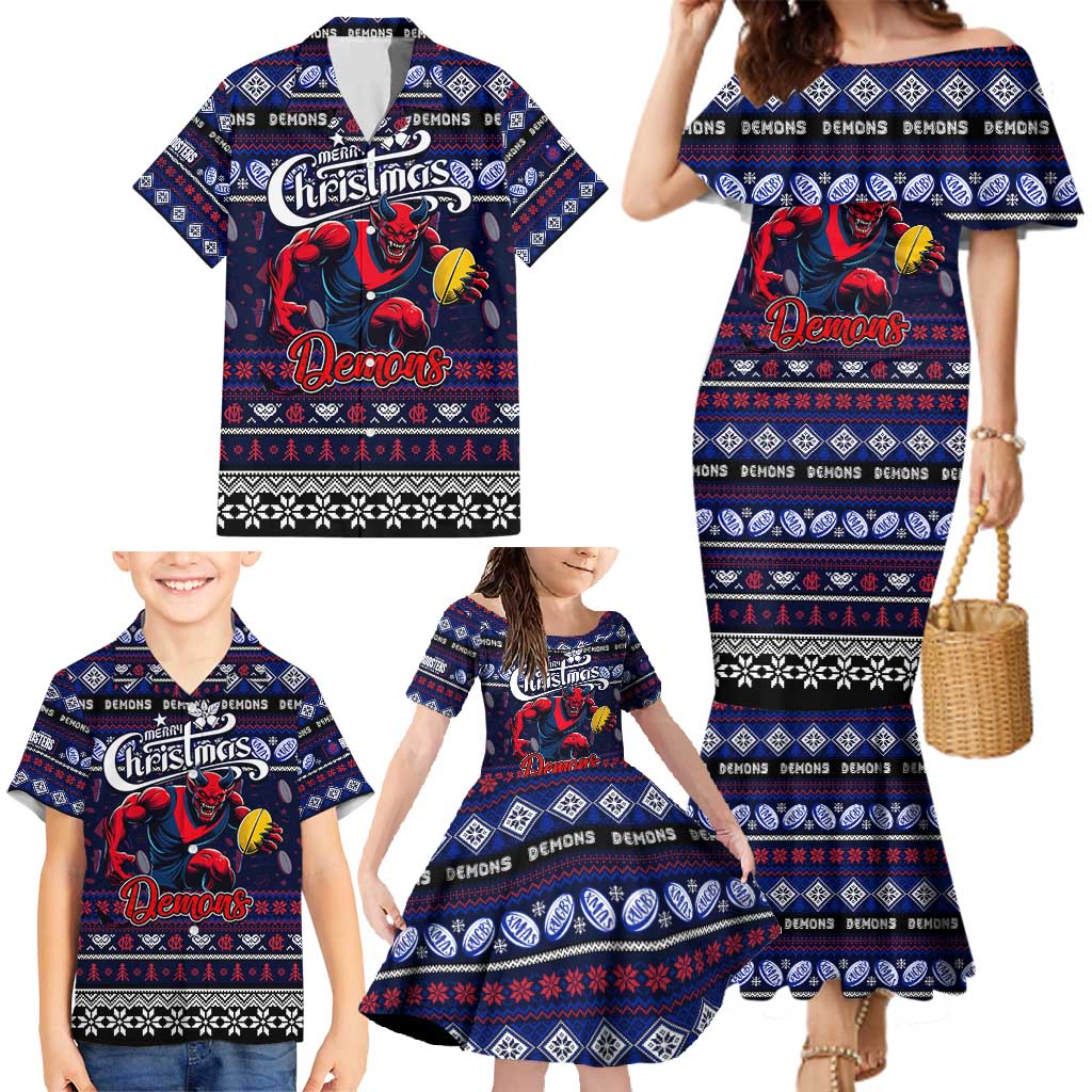 Personalized Demons Rugby Xmas Family Matching Mermaid Dress and Hawaiian Shirt Australia AFL Mascot