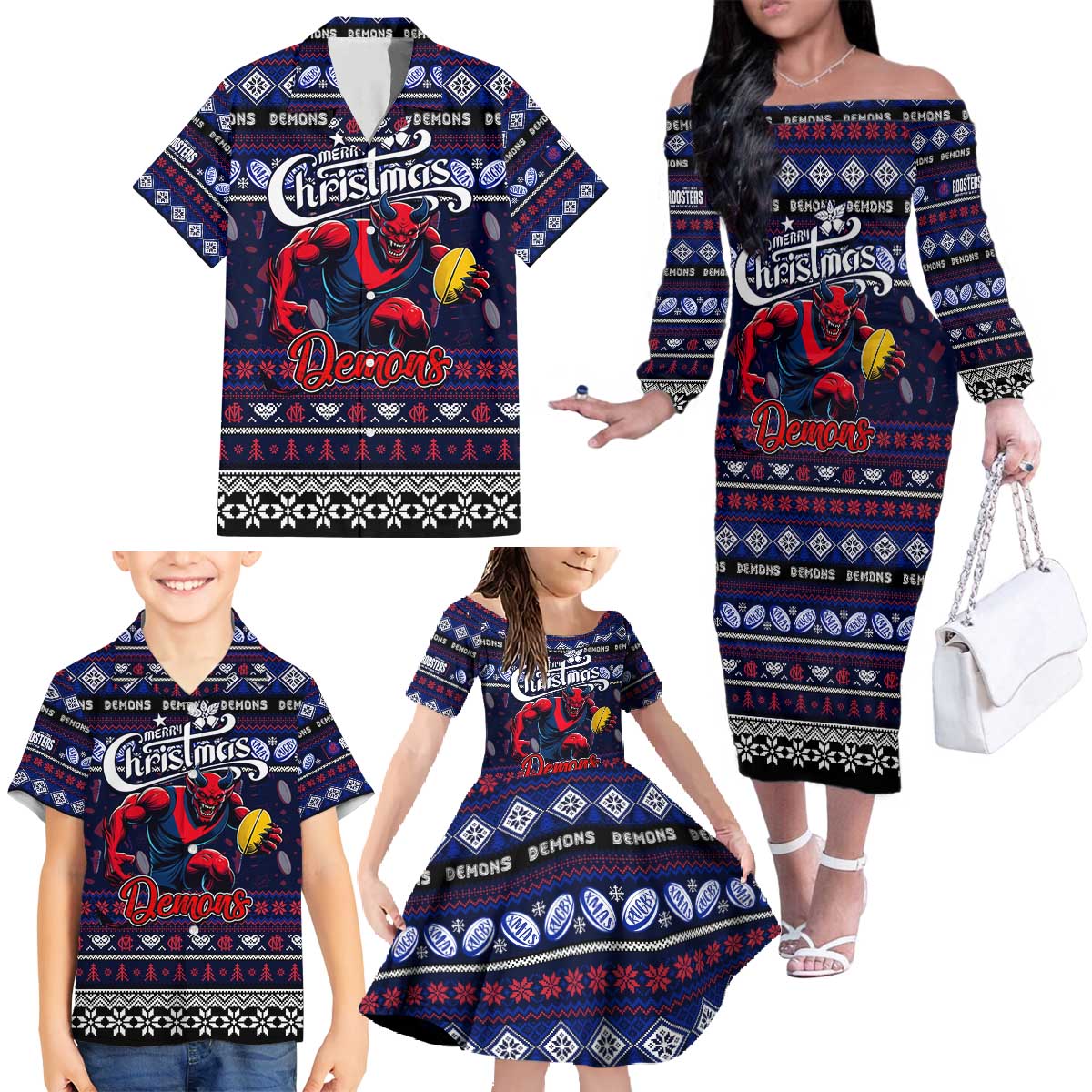 Personalized Demons Rugby Xmas Family Matching Off The Shoulder Long Sleeve Dress and Hawaiian Shirt Australia AFL Mascot