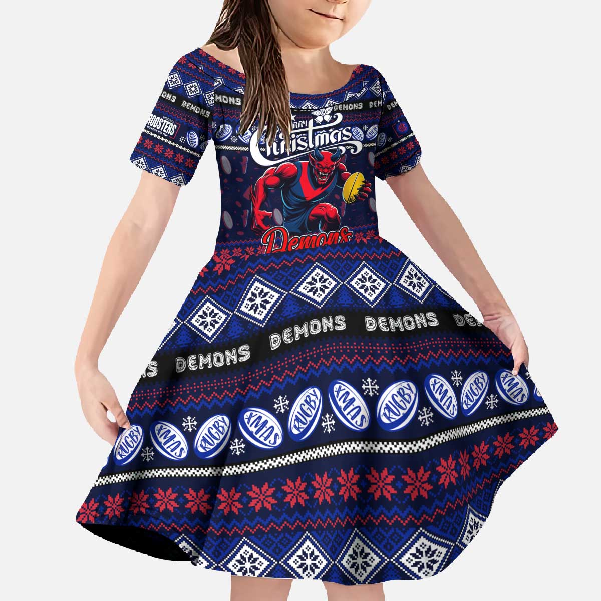 Personalized Demons Rugby Xmas Family Matching Off The Shoulder Long Sleeve Dress and Hawaiian Shirt Australia AFL Mascot