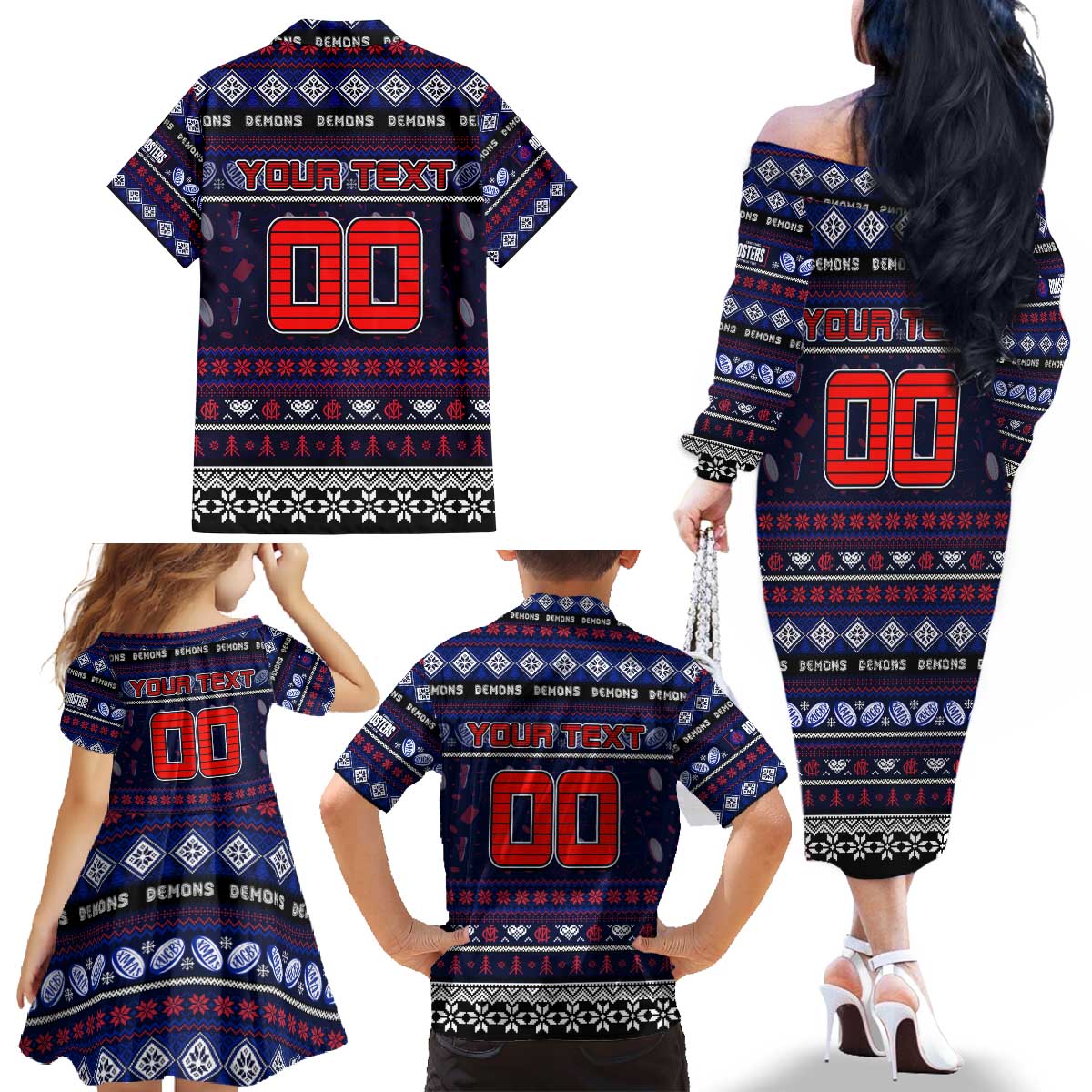 Personalized Demons Rugby Xmas Family Matching Off The Shoulder Long Sleeve Dress and Hawaiian Shirt Australia AFL Mascot