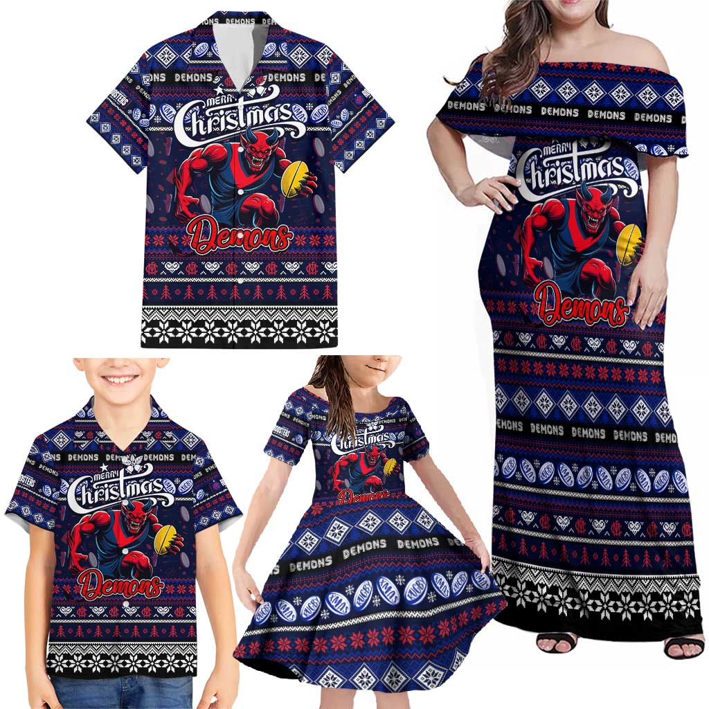Personalized Demons Rugby Xmas Family Matching Off Shoulder Maxi Dress and Hawaiian Shirt Australia AFL Mascot