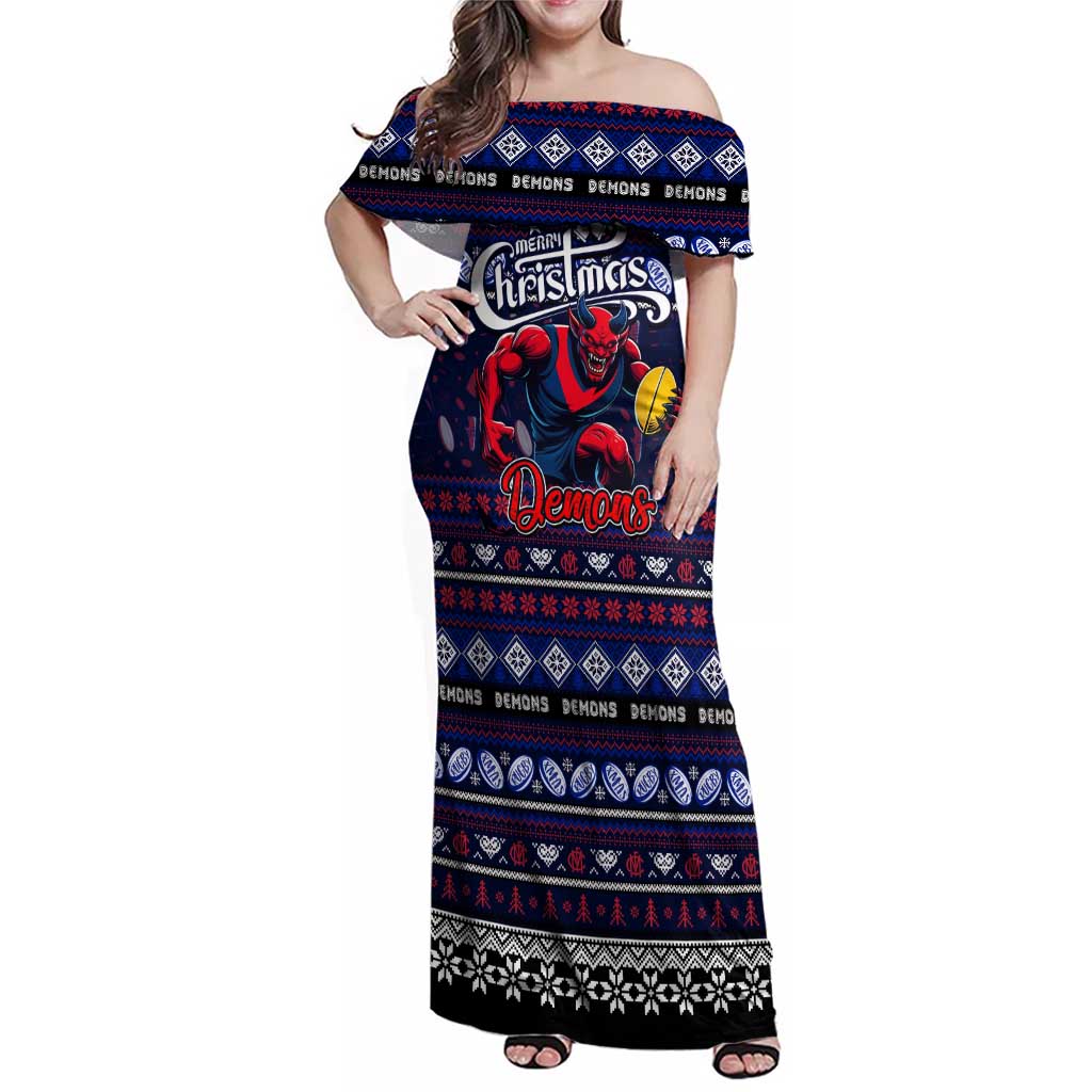 Personalized Demons Rugby Xmas Family Matching Off Shoulder Maxi Dress and Hawaiian Shirt Australia AFL Mascot
