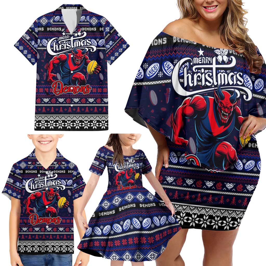 Personalized Demons Rugby Xmas Family Matching Off Shoulder Short Dress and Hawaiian Shirt Australia AFL Mascot