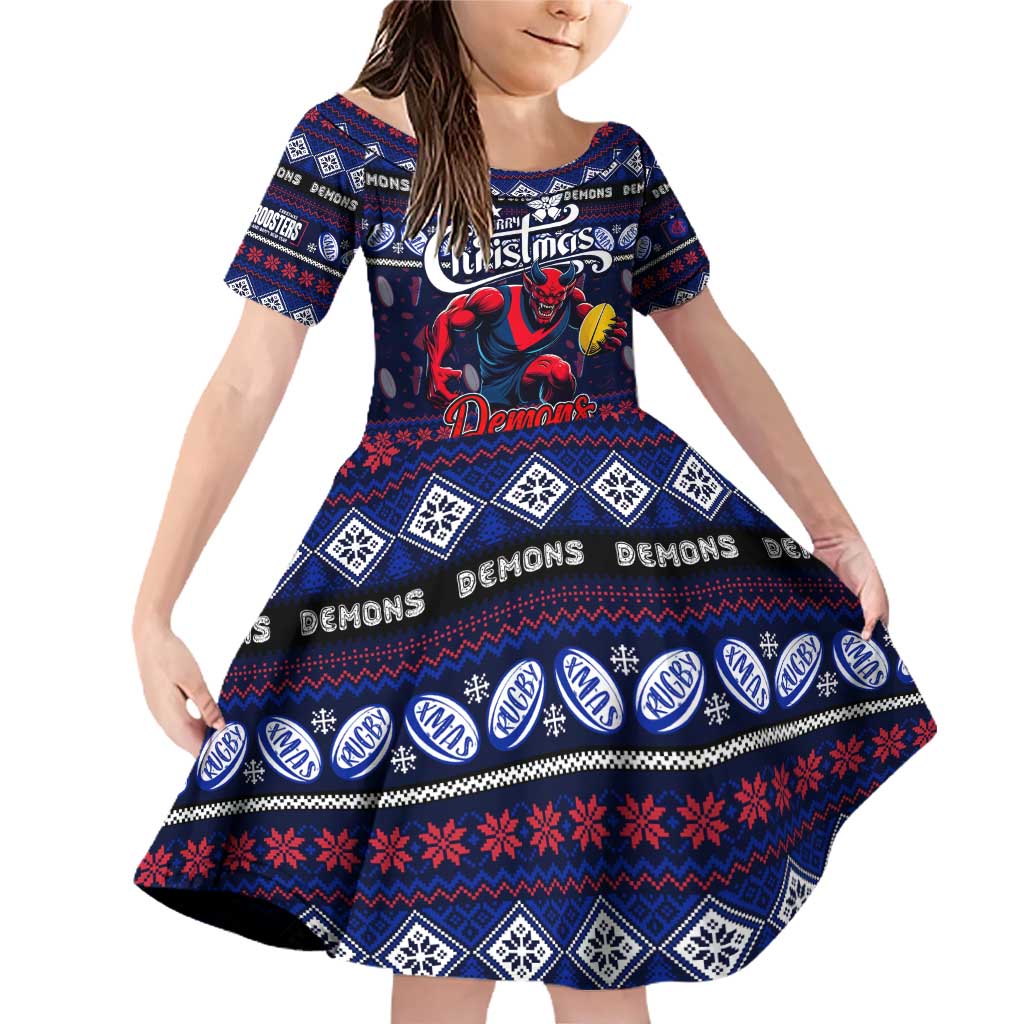 Personalized Demons Rugby Xmas Family Matching Off Shoulder Short Dress and Hawaiian Shirt Australia AFL Mascot