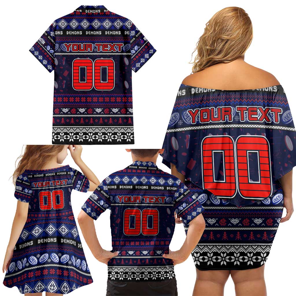 Personalized Demons Rugby Xmas Family Matching Off Shoulder Short Dress and Hawaiian Shirt Australia AFL Mascot