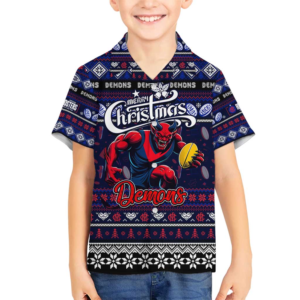 Personalized Demons Rugby Xmas Family Matching Off Shoulder Short Dress and Hawaiian Shirt Australia AFL Mascot