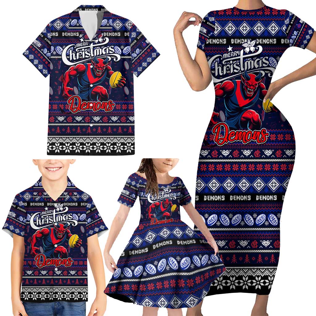 Personalized Demons Rugby Xmas Family Matching Short Sleeve Bodycon Dress and Hawaiian Shirt Australia AFL Mascot