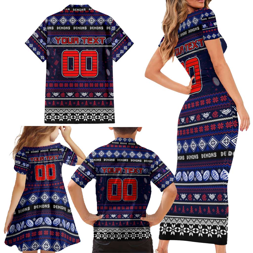 Personalized Demons Rugby Xmas Family Matching Short Sleeve Bodycon Dress and Hawaiian Shirt Australia AFL Mascot