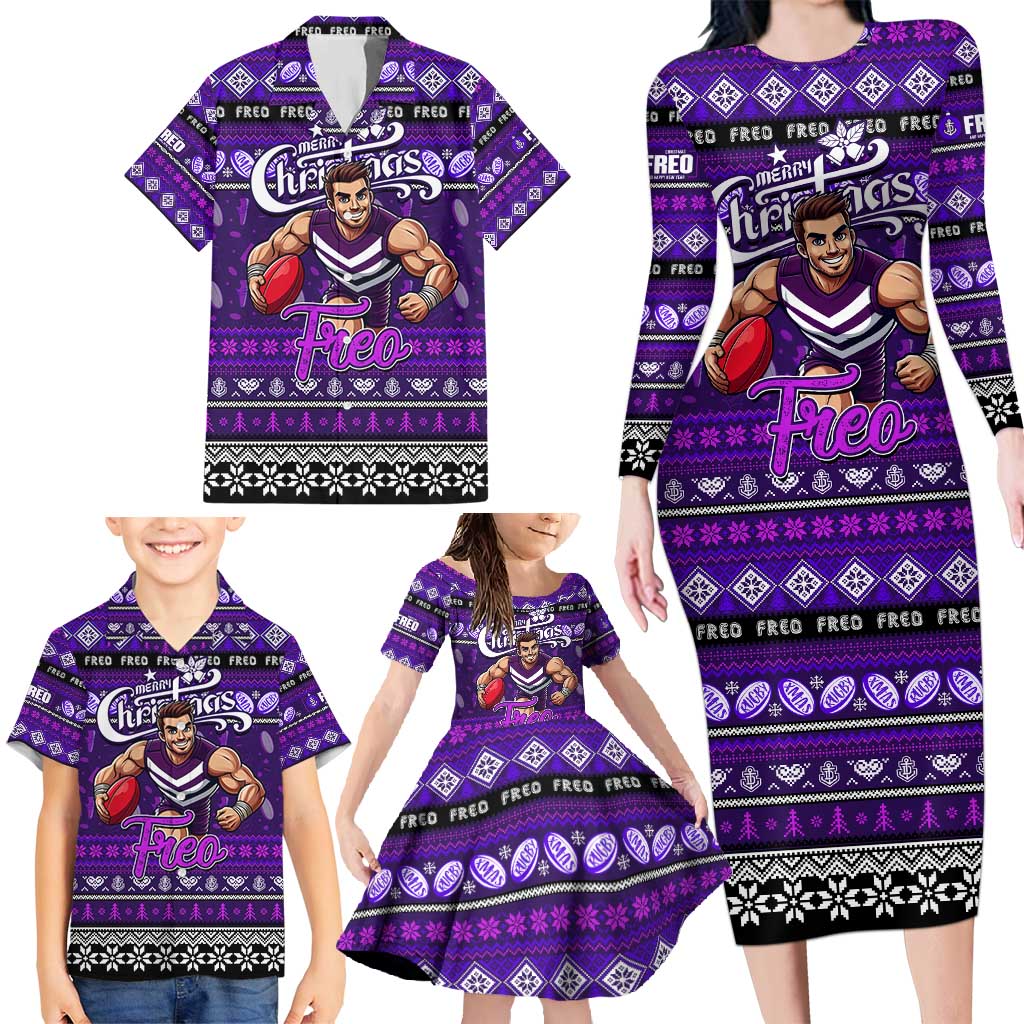 Personalized Freo Rugby Xmas Family Matching Long Sleeve Bodycon Dress and Hawaiian Shirt Australia AFL Mascot