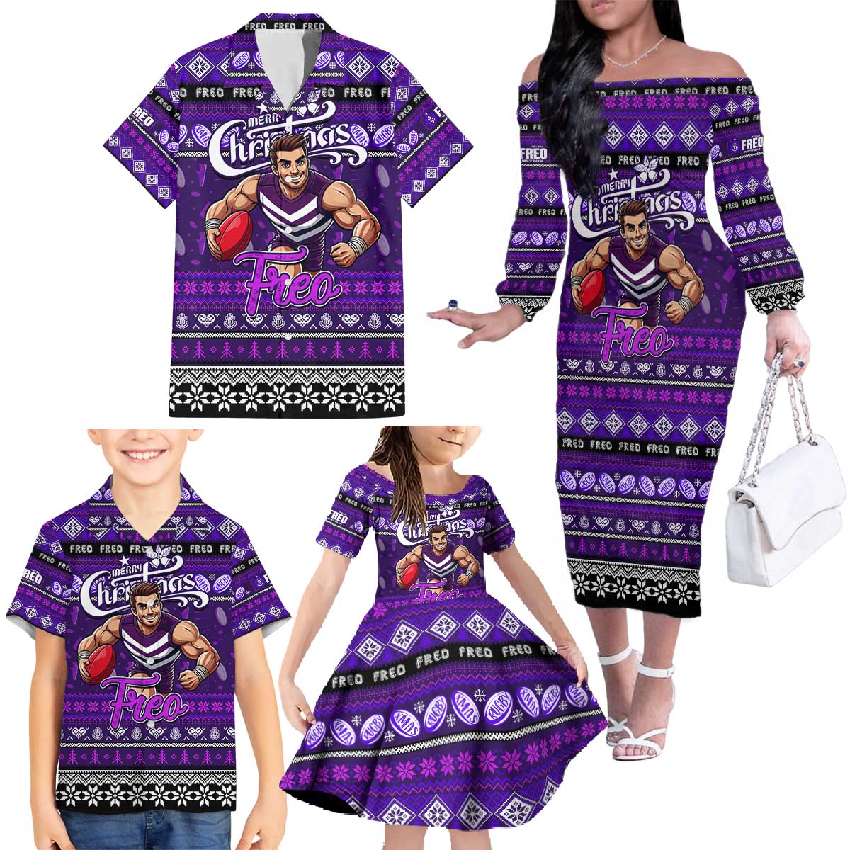 Personalized Freo Rugby Xmas Family Matching Off The Shoulder Long Sleeve Dress and Hawaiian Shirt Australia AFL Mascot