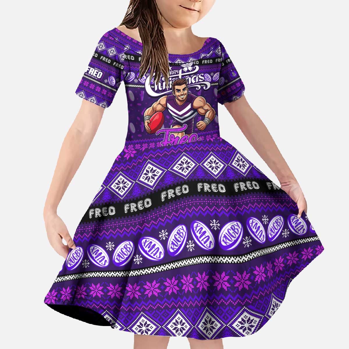 Personalized Freo Rugby Xmas Family Matching Off The Shoulder Long Sleeve Dress and Hawaiian Shirt Australia AFL Mascot