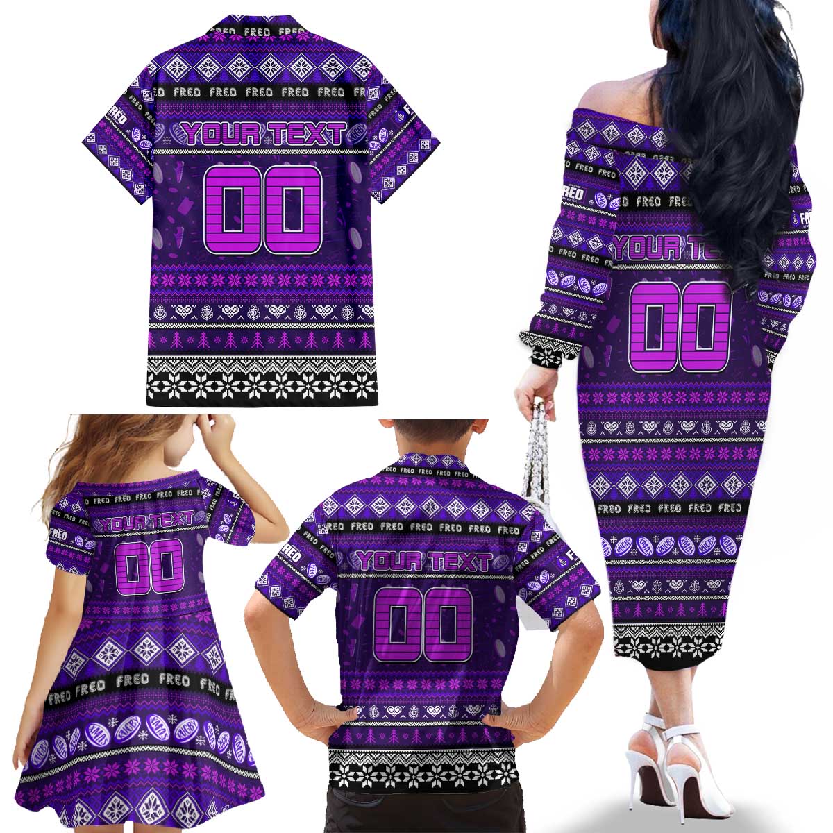 Personalized Freo Rugby Xmas Family Matching Off The Shoulder Long Sleeve Dress and Hawaiian Shirt Australia AFL Mascot