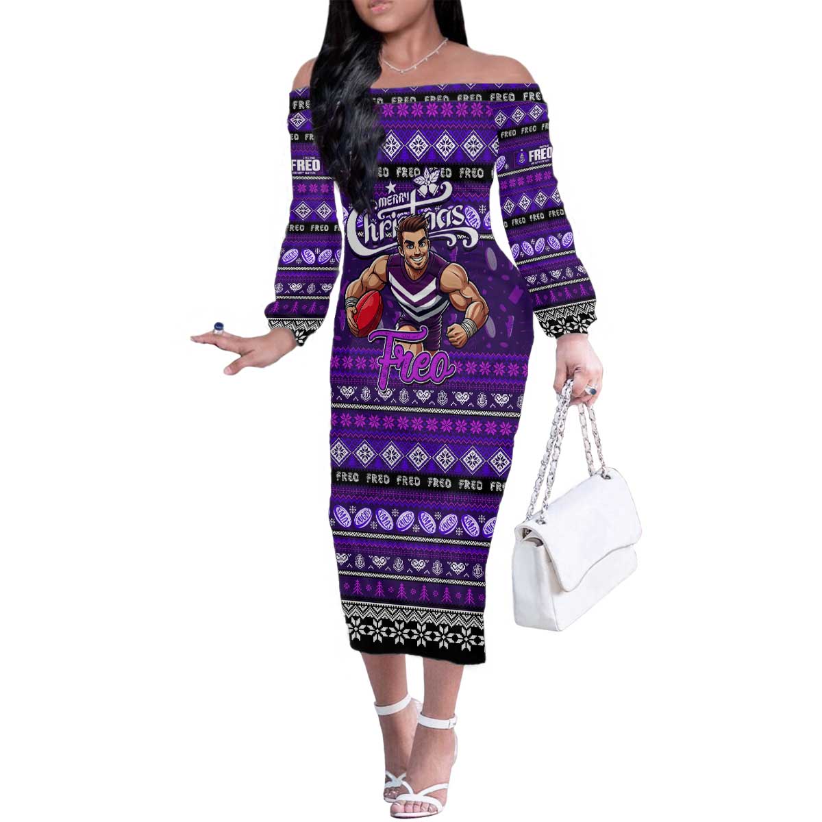 Personalized Freo Rugby Xmas Family Matching Off The Shoulder Long Sleeve Dress and Hawaiian Shirt Australia AFL Mascot