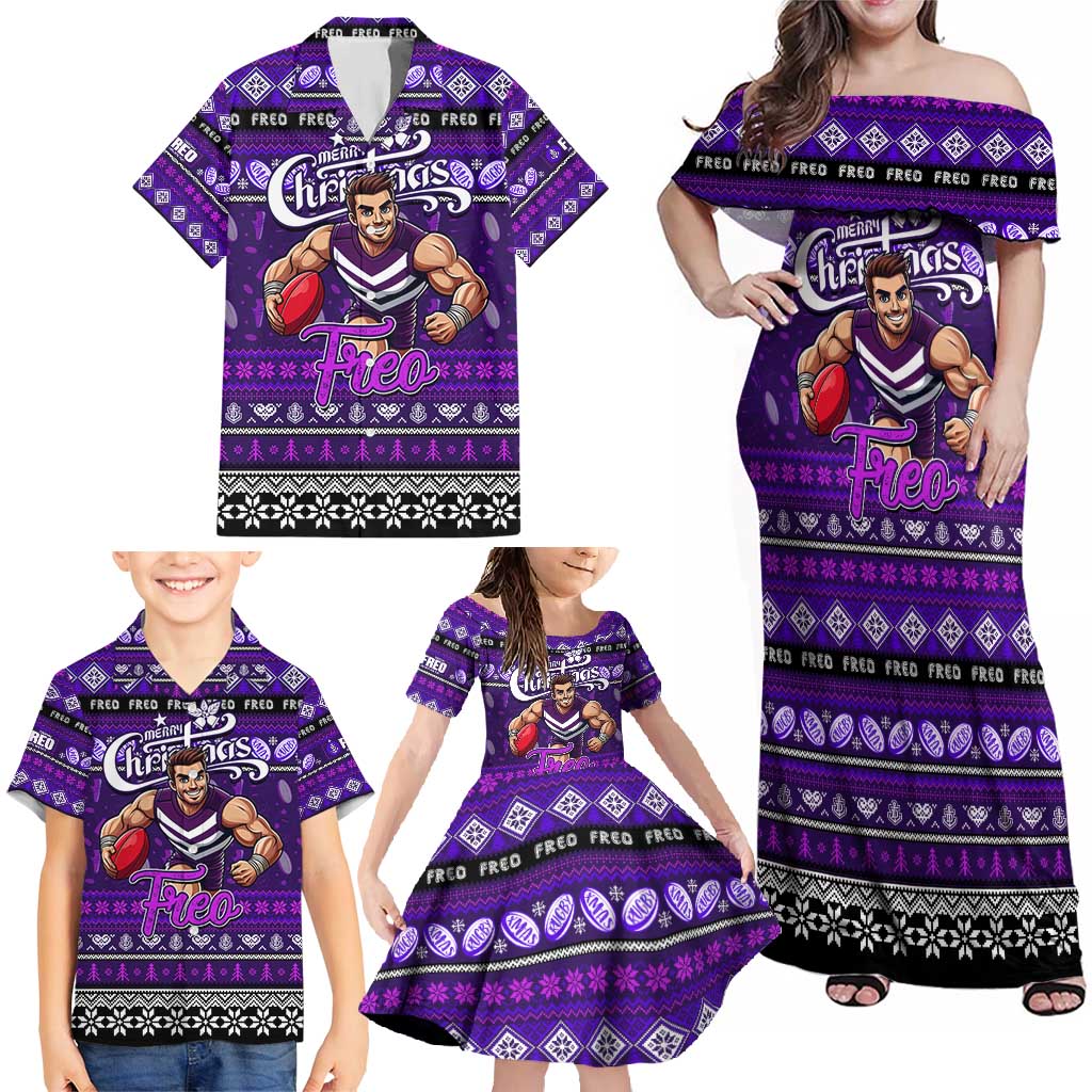 Personalized Freo Rugby Xmas Family Matching Off Shoulder Maxi Dress and Hawaiian Shirt Australia AFL Mascot