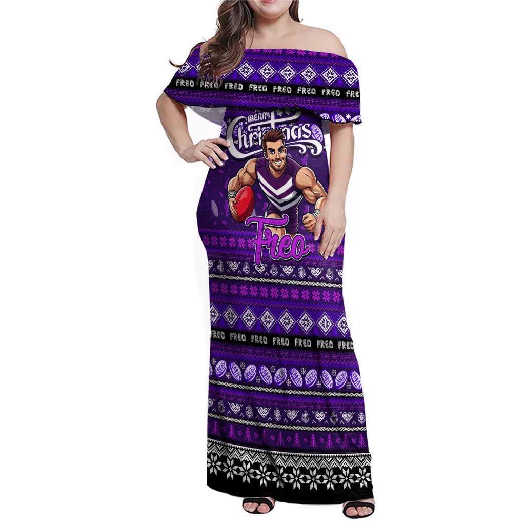 Personalized Freo Rugby Xmas Family Matching Off Shoulder Maxi Dress and Hawaiian Shirt Australia AFL Mascot