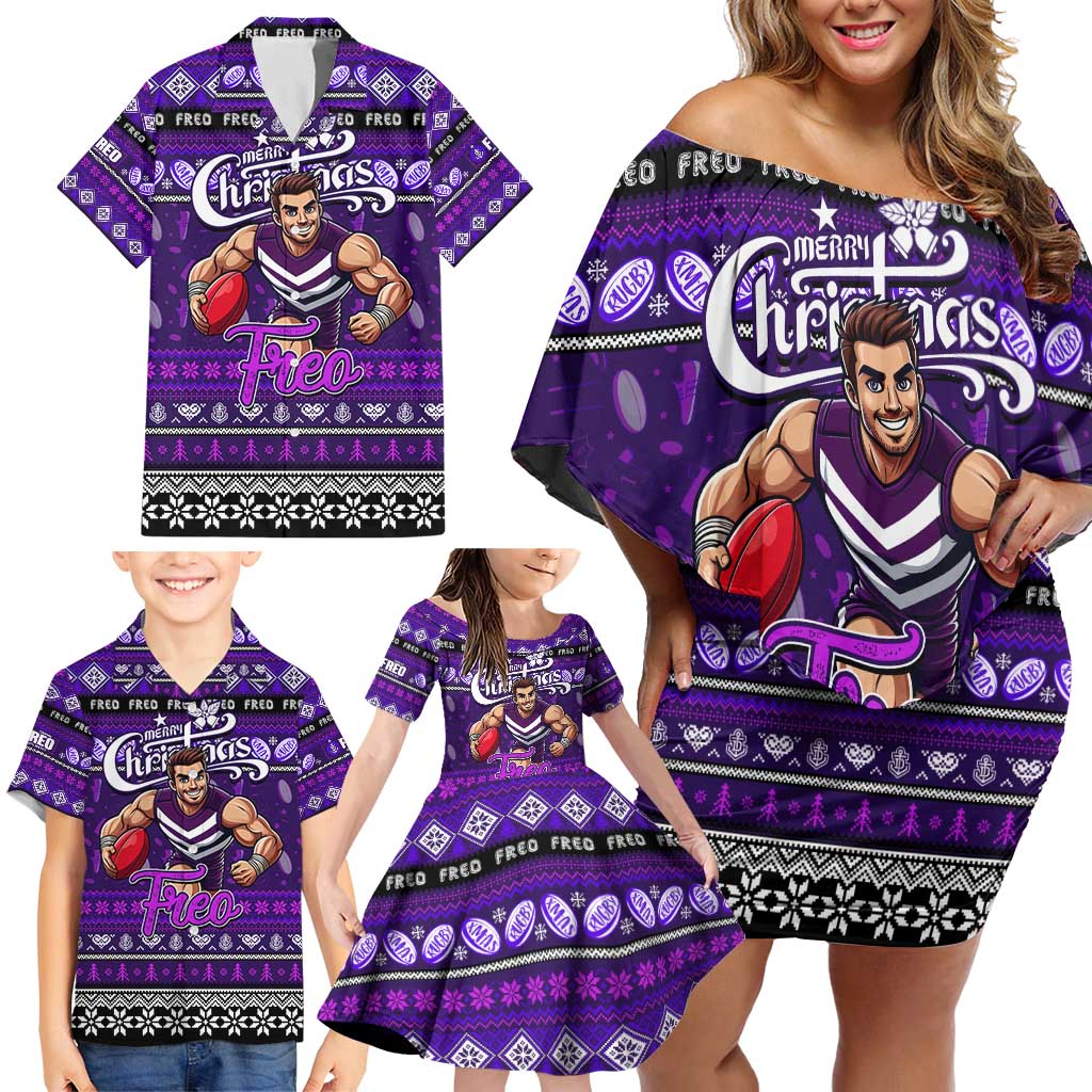 Personalized Freo Rugby Xmas Family Matching Off Shoulder Short Dress and Hawaiian Shirt Australia AFL Mascot