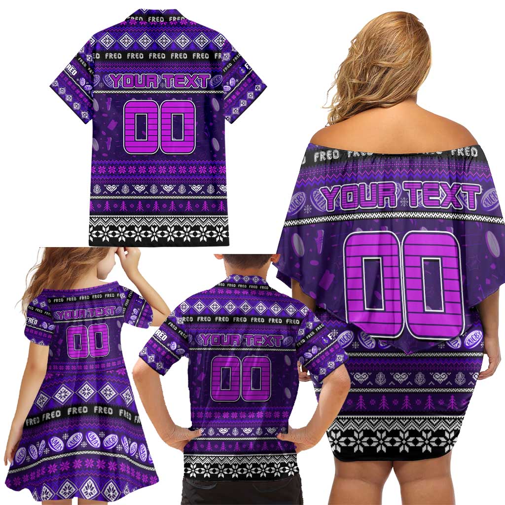 Personalized Freo Rugby Xmas Family Matching Off Shoulder Short Dress and Hawaiian Shirt Australia AFL Mascot