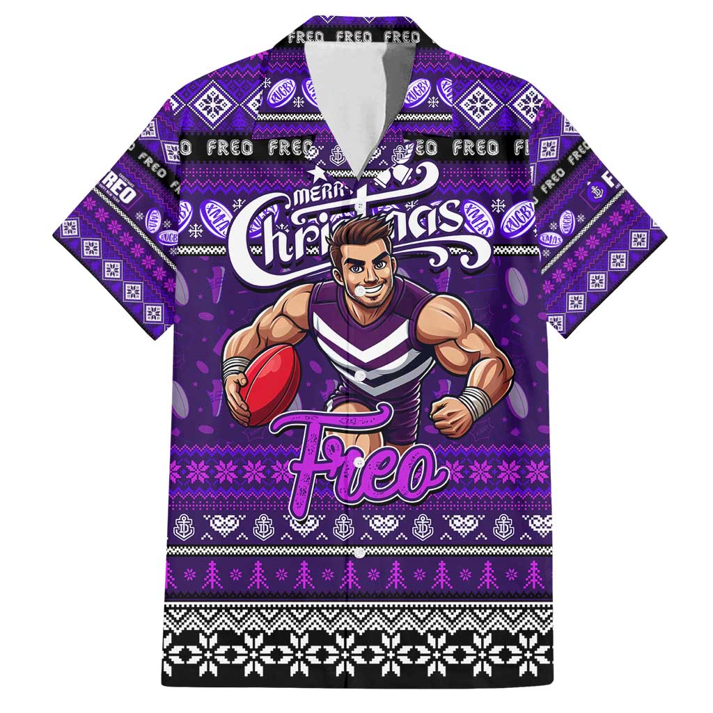 Personalized Freo Rugby Xmas Family Matching Off Shoulder Short Dress and Hawaiian Shirt Australia AFL Mascot