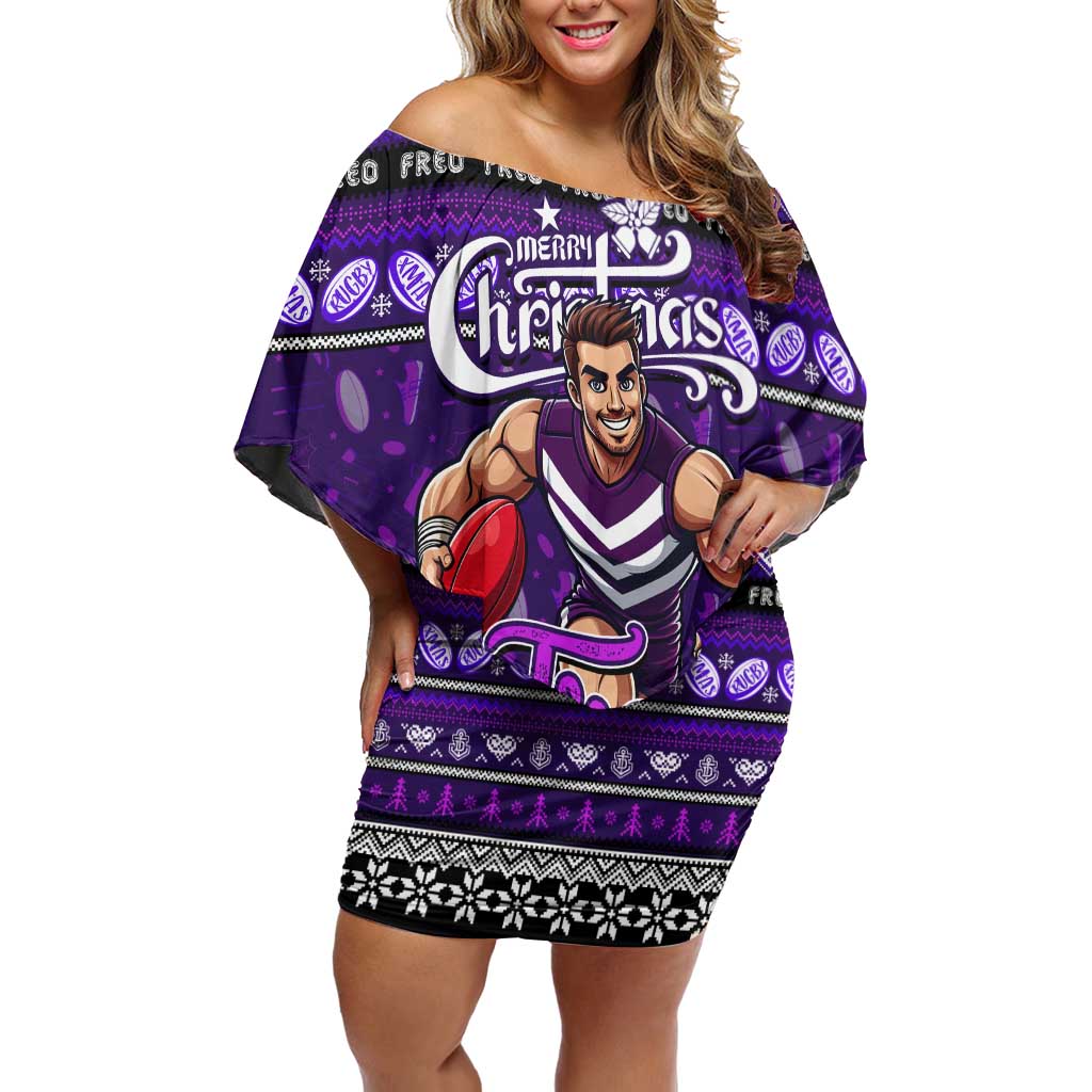 Personalized Freo Rugby Xmas Family Matching Off Shoulder Short Dress and Hawaiian Shirt Australia AFL Mascot