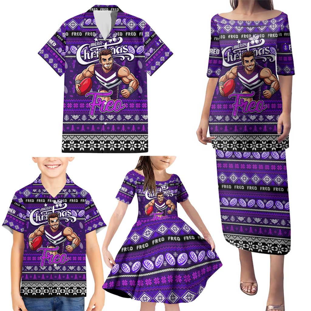 Personalized Freo Rugby Xmas Family Matching Puletasi and Hawaiian Shirt Australia AFL Mascot