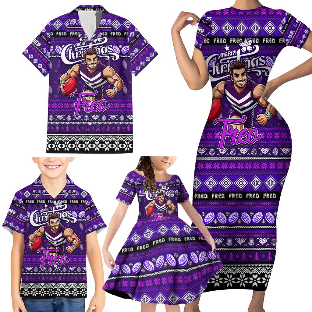 Personalized Freo Rugby Xmas Family Matching Short Sleeve Bodycon Dress and Hawaiian Shirt Australia AFL Mascot