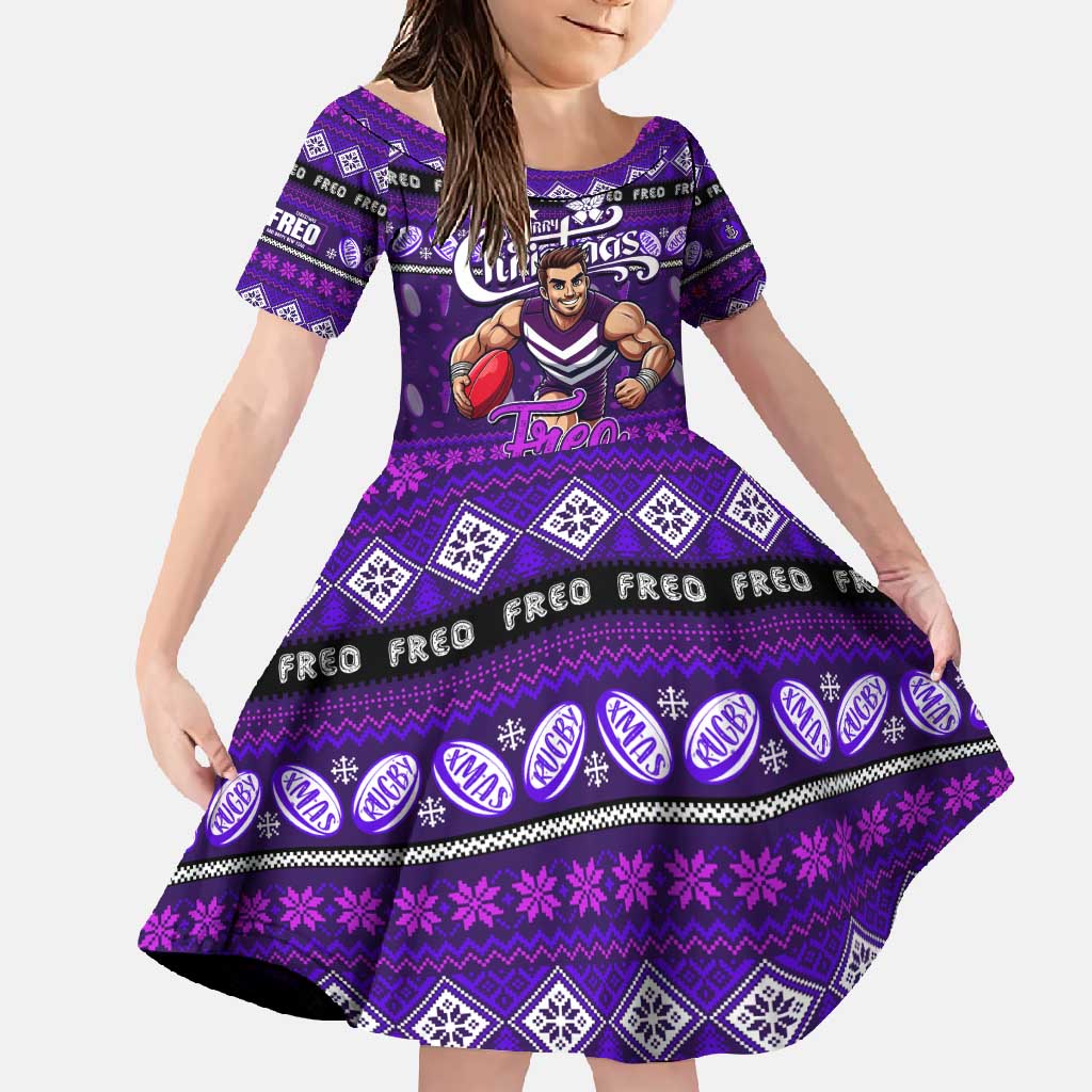 Personalized Freo Rugby Xmas Family Matching Short Sleeve Bodycon Dress and Hawaiian Shirt Australia AFL Mascot
