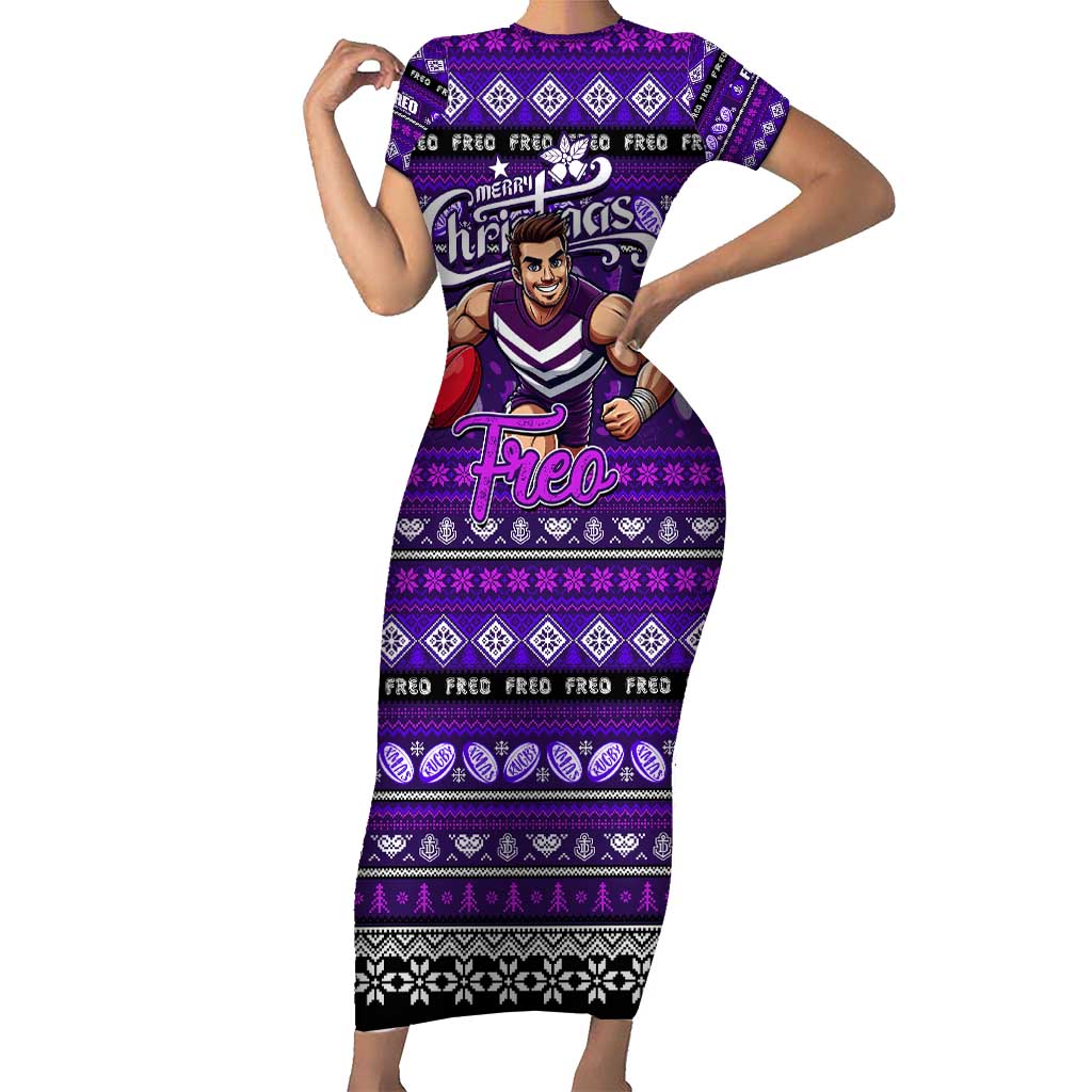 Personalized Freo Rugby Xmas Family Matching Short Sleeve Bodycon Dress and Hawaiian Shirt Australia AFL Mascot