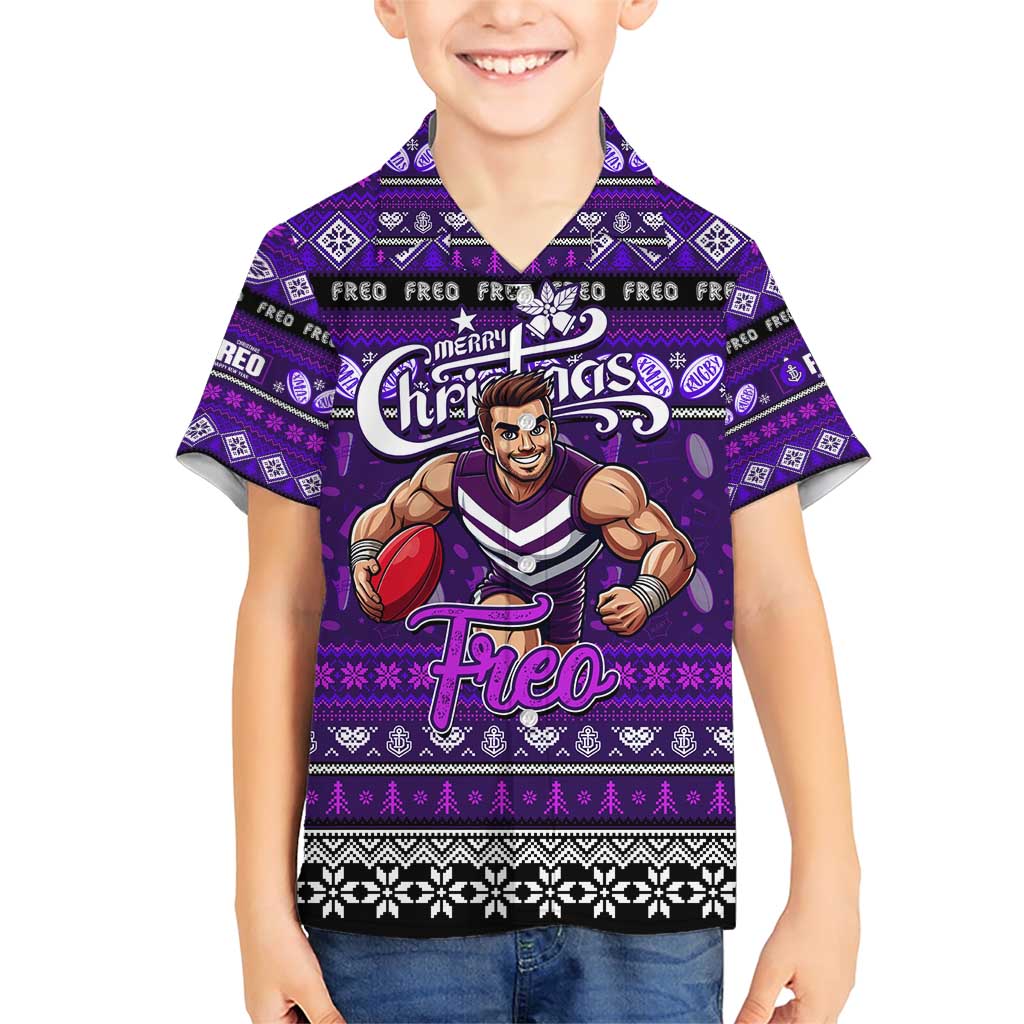 Personalized Freo Rugby Xmas Family Matching Short Sleeve Bodycon Dress and Hawaiian Shirt Australia AFL Mascot