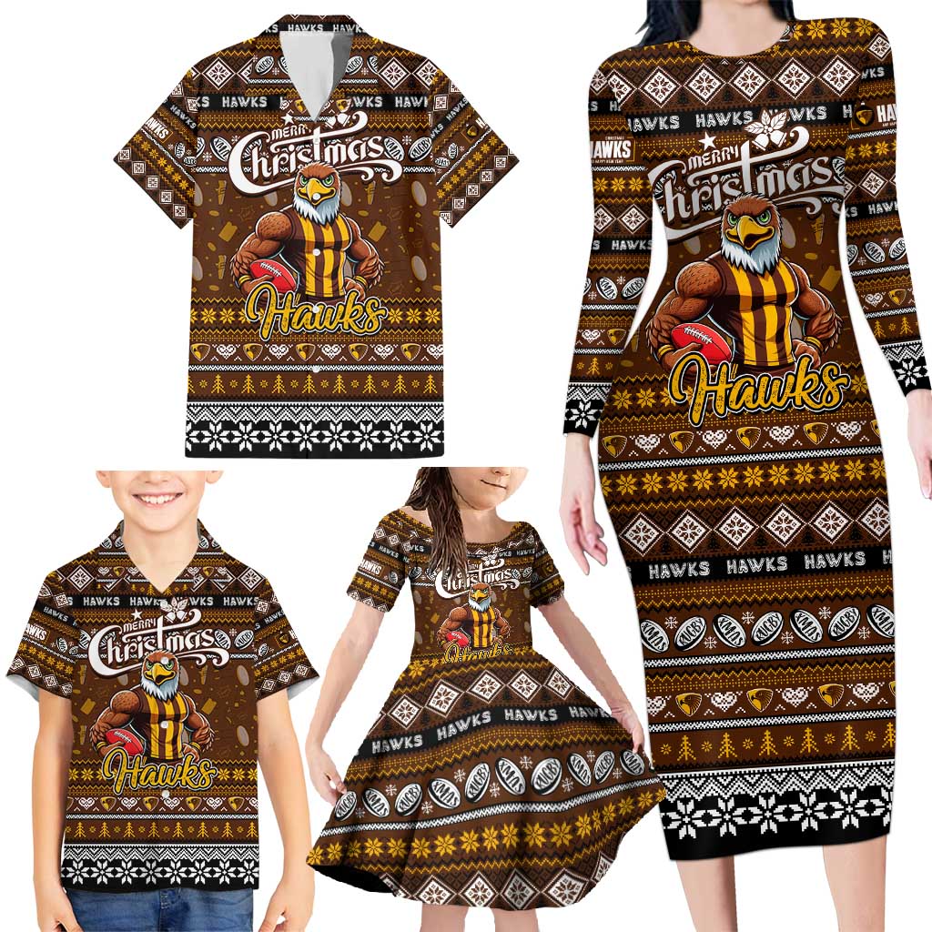 Personalized Hawks Rugby Xmas Family Matching Long Sleeve Bodycon Dress and Hawaiian Shirt Australia AFL Mascot