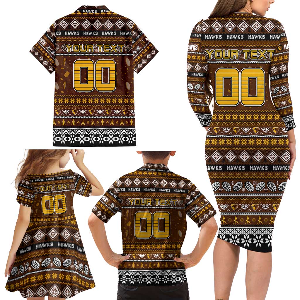 Personalized Hawks Rugby Xmas Family Matching Long Sleeve Bodycon Dress and Hawaiian Shirt Australia AFL Mascot