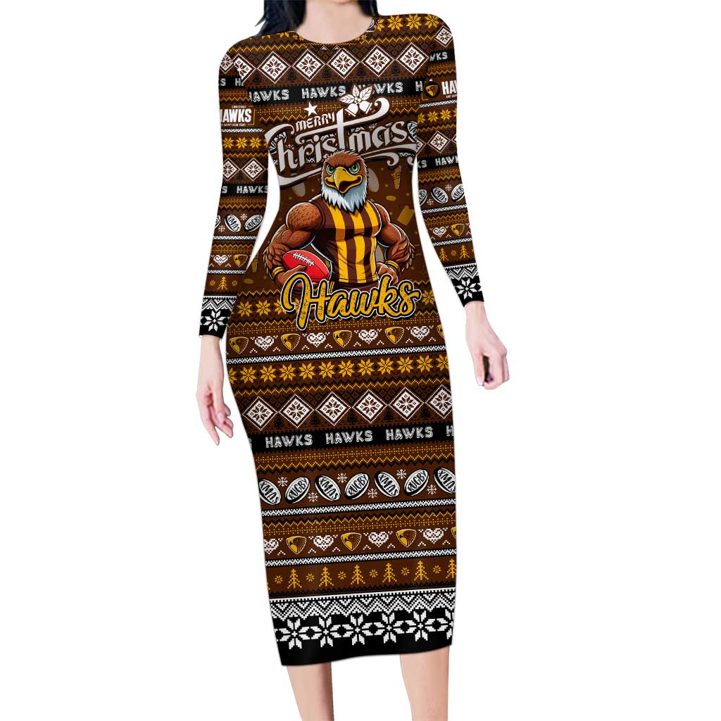 Personalized Hawks Rugby Xmas Family Matching Long Sleeve Bodycon Dress and Hawaiian Shirt Australia AFL Mascot