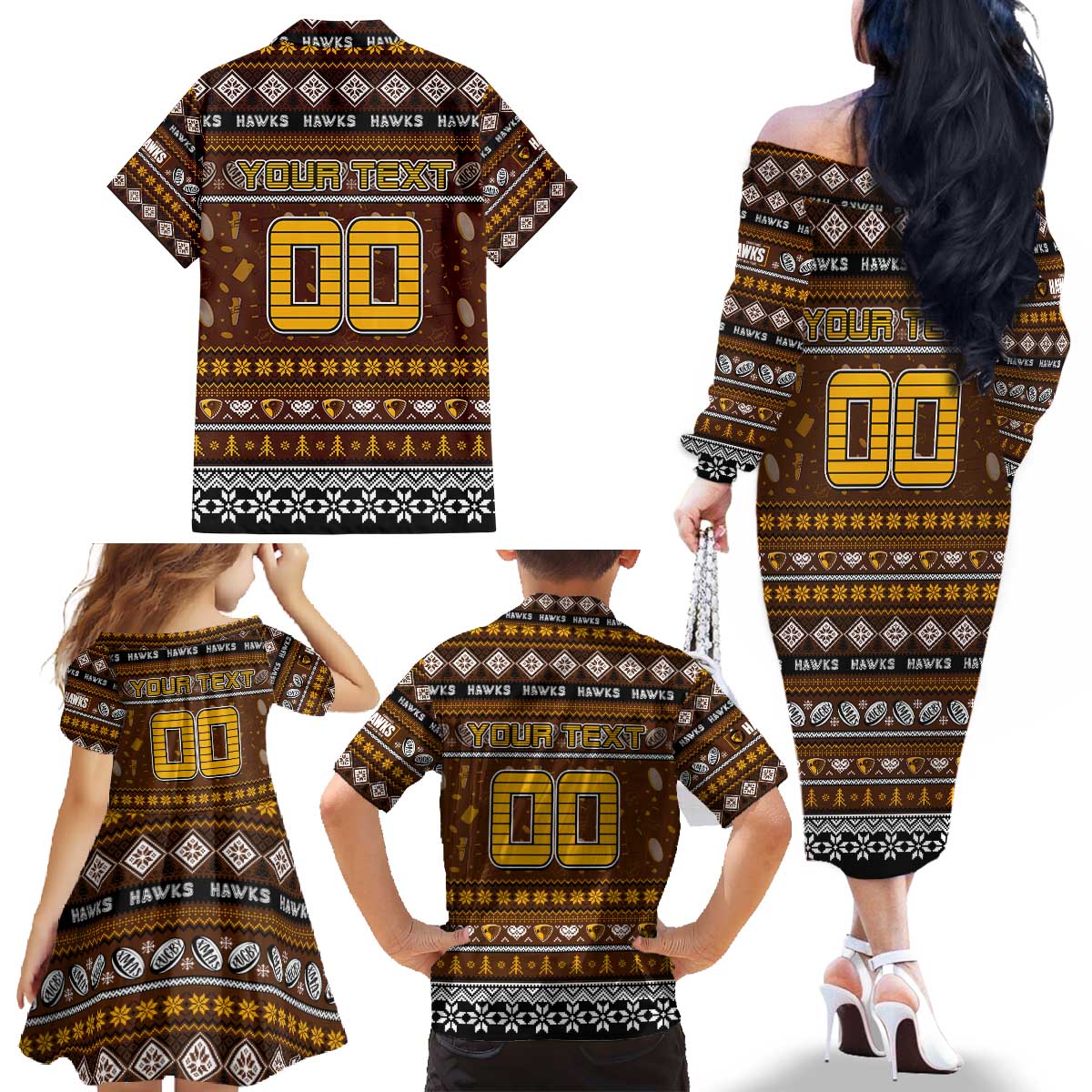 Personalized Hawks Rugby Xmas Family Matching Off The Shoulder Long Sleeve Dress and Hawaiian Shirt Australia AFL Mascot